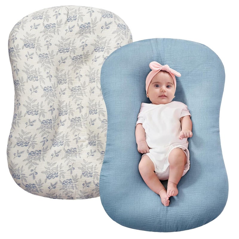 FUNUPUP Muslin Baby Lounger Cover Compatible with Snuggle Me Lounger, Infant Pillow Cover for Newborn, Removable Nest Slipcover for Boys and Girls, Only Cover, Blueberries & Blue - Image 1